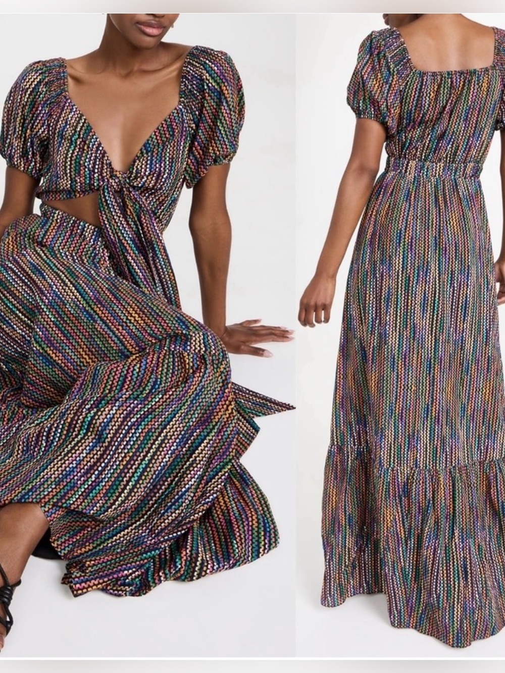 RAMY BROOK STRIPED MEGAN DRESS Multicolor Tie-Front Maxi COTTON BLEND NEW NWT
